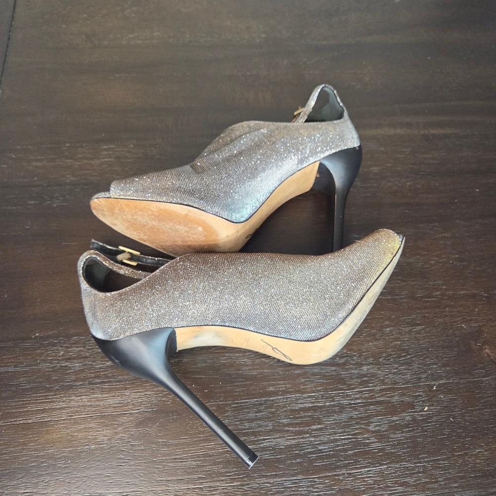 B Brian Atwood Glitter Metallic Stiletto Sandals 10 Peep Toe Evening Heels - Picture 9 of 11